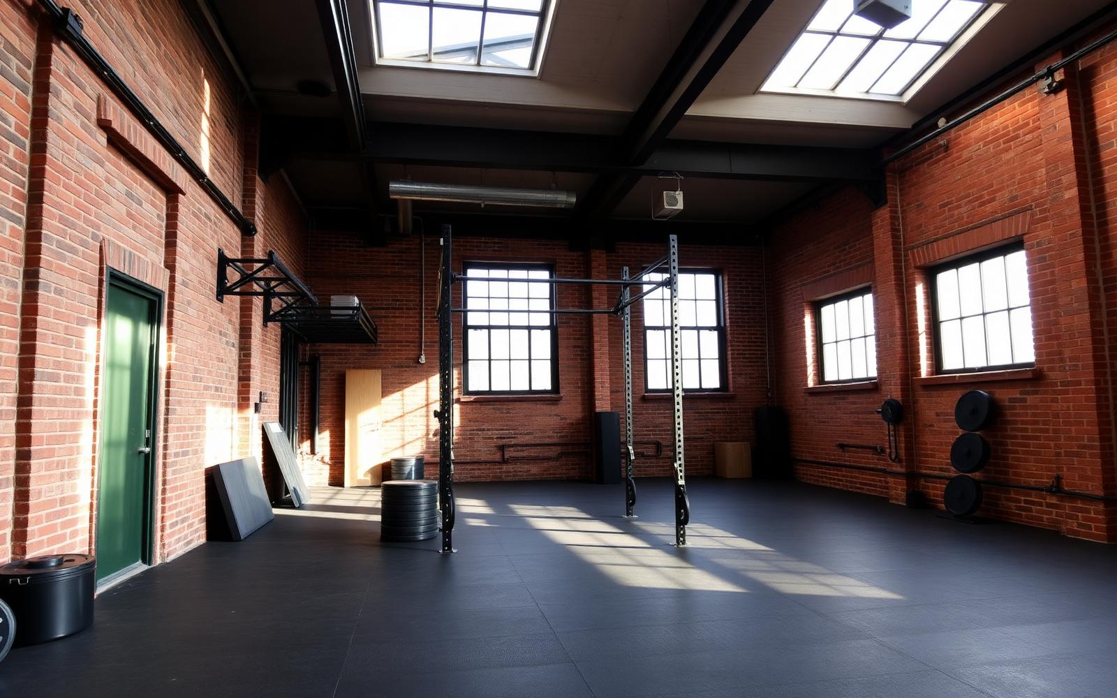 Interior of an independent gym with exposed brick walls, a training rig, and natural light