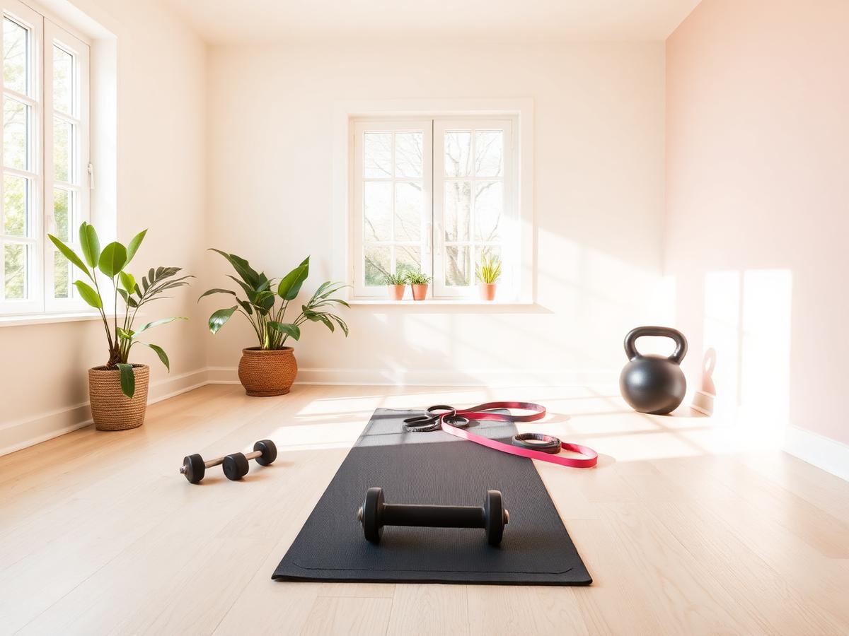 Sunlit home gym with a yoga mat, dumbbells, resistance band, and kettlebell