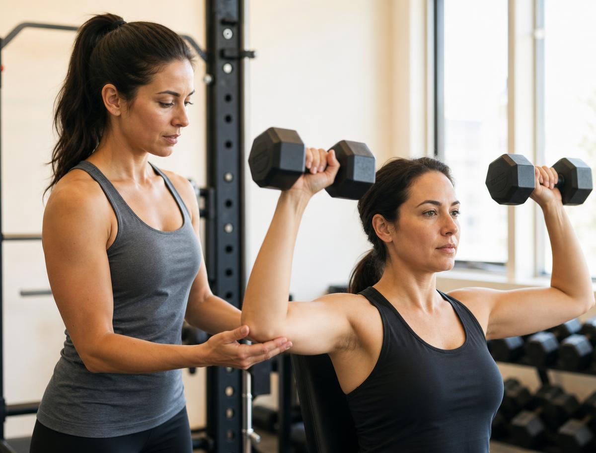 Personal trainer assisting a client with dumbbell form
